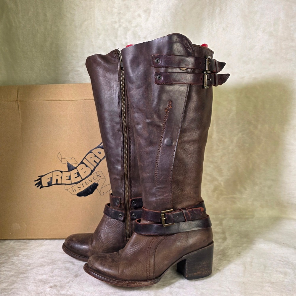 Freebird by Steven Boots Clive Brown Leather Tall Buckle Snap Women Size 7